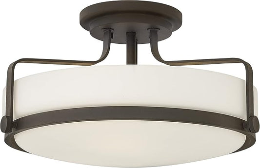 Hinkley Harper 3643OZ Large Semi-Flush Ceiling Light, Sleek, Retro Style, Oil Rubbed Bronze and Etched Opal Glass