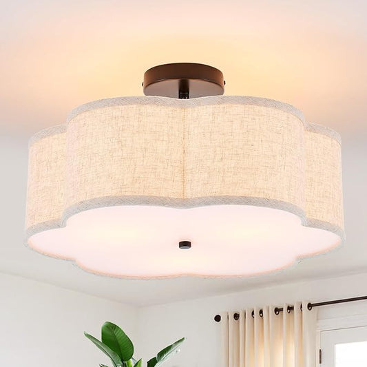 18" Semi Flush Mount Ceiling Light 3-Light Modern Linen Drum Ceiling Lighting with Chrome Finish, Vintage Ceiling Light for Living Room, Kitchen, Basement, Laundry Room, Bedroom