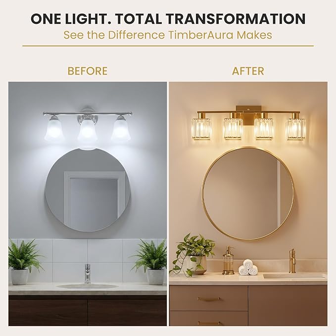Crystal Bathroom Light Fixtures, 4-Light Brushed Gold, Vanity Lights for Bathroom Over Mirror, Modern Bath Wall Sconce for Mirror Bedroom Living Room