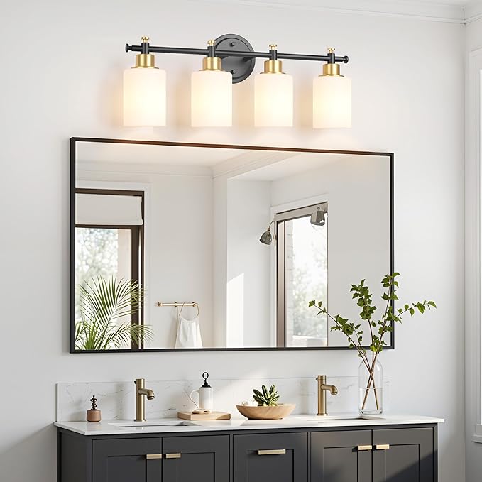4-Light Bathroom Vanity Light, Modern Black and Gold Vanity Lights for Bathroom, White Frosted Glass Shades, Anti-Rust Vanity Light Fixture over Mirror, 23 Inch (Bulbs Not Included, E26 Base)