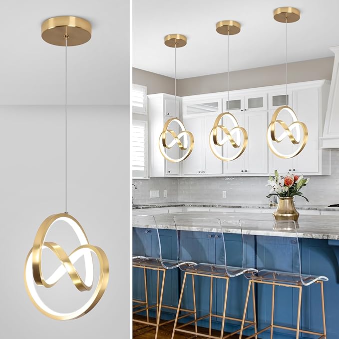 Modern LED Pendant Lights Kitchen Island, 6000K LED Chandelier Adjustable Height Gold Hanging Light Fixture Island Lights for Kitchen Dining Room Cafe Table, 1Pack