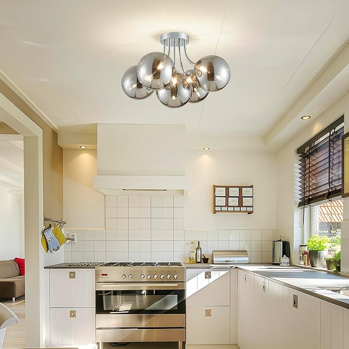 AGV LIGHTING Modern Flush Mount Ceiling Light Fixture, 5-Light Chrome Ceiling Light with Silver Glass Globe Shades, Contemporary Lighting for Bedroom, Living Room, Kitchen, Dining Room