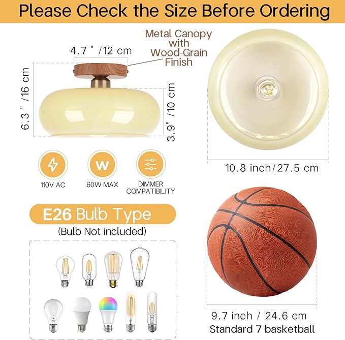 Mid Century Modern Schoolhouse Semi Flush Mount Ceiling Light, Cream Glass Lamp with Wood Grain Metal Base, Rustic Farmhouse Lighting Fixture for Bedroom, Hallway, Dining, Living, Entryway