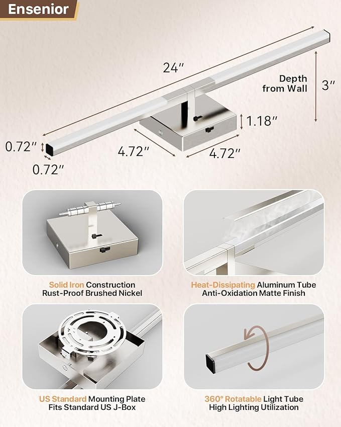Ensenior Modern Brushed Nickel Bathroom Vanity Light 24 inch, Built-in Dimmer, 1100LM Dimmable 5CCT Led Bath Lights, Bar Vanity Light for Bathroom Mirror Cabinets Bedroom-FCC & ETL Certificated