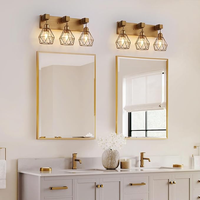 Gold Bathroom Vanity Light Fixtures, 3-Light Gold Bathroom Light Fixtures Over Mirror, Sconces Wall Lighting with Elegant Metal Lampshade for Living Room, Bedroom, Hallway