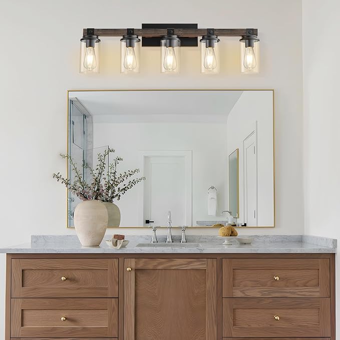 GoYeel Farmhouse Bathroom Vanity Lighting,5 Light Vanity Light Bathroom Lighting Lixtures Over Mirror Wooden with Clear Glass for Hallway Kitchen Sink