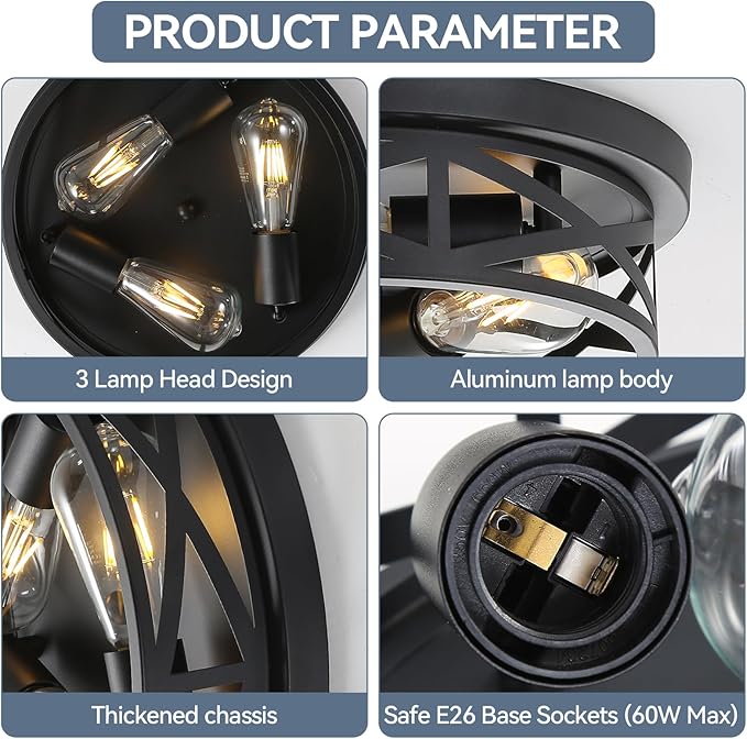 13 Inch Black Farmhouse Close to Ceiling Lights, Farmhouse Metal Cage Flush Mount Ceiling Light 3-Lights, Black Industrial Semi Flush Mount Ceiling Light for House Hallway Kitchen Bedroom
