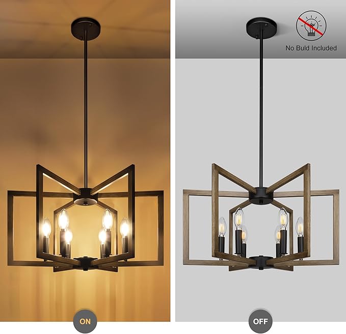 Klgxnrd 6-Light Modern Farmhouse Pendant Lights for Kitchen Island, Vintage Geometric Dining Room Lighting Hanging, Industrial Chandelier for Hallway Foyer, Retro Wood Texture and Black Finish
