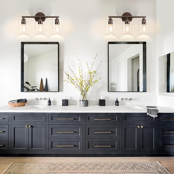 3-Light Bathroom Vanity Light Fixture, Modern Wall Lamp for Mirror with Clear Glass Shade (D-Clear Glass & Brown)