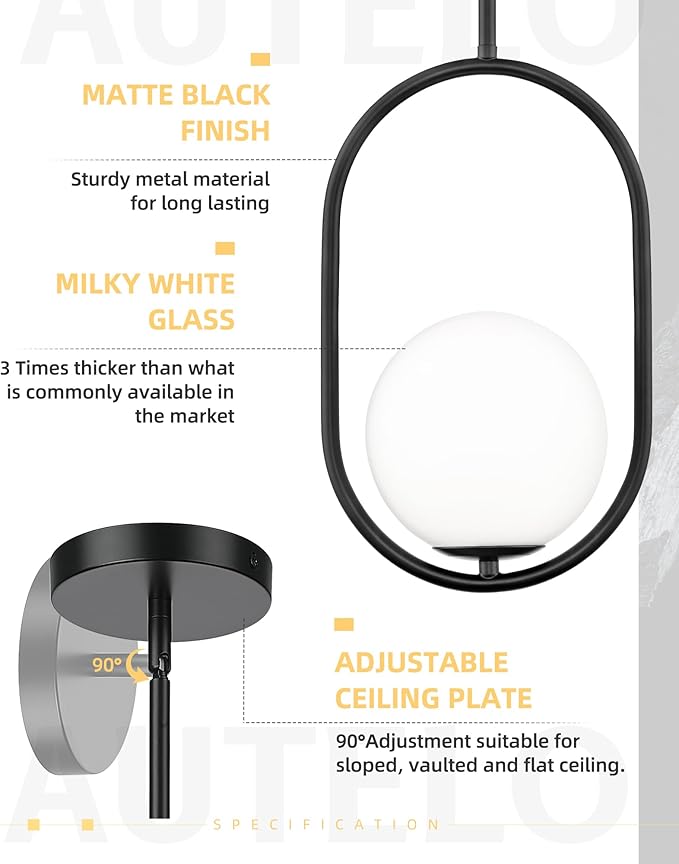 AUTELO 2 Pack Pendant Lights Kitchen Island, Matte Black Glass Pendant Lights with Milky White Globe Hanging Lamp, Adjustable Rods for Kitchen Bar Dining Room, H9376 MGBK-2PK