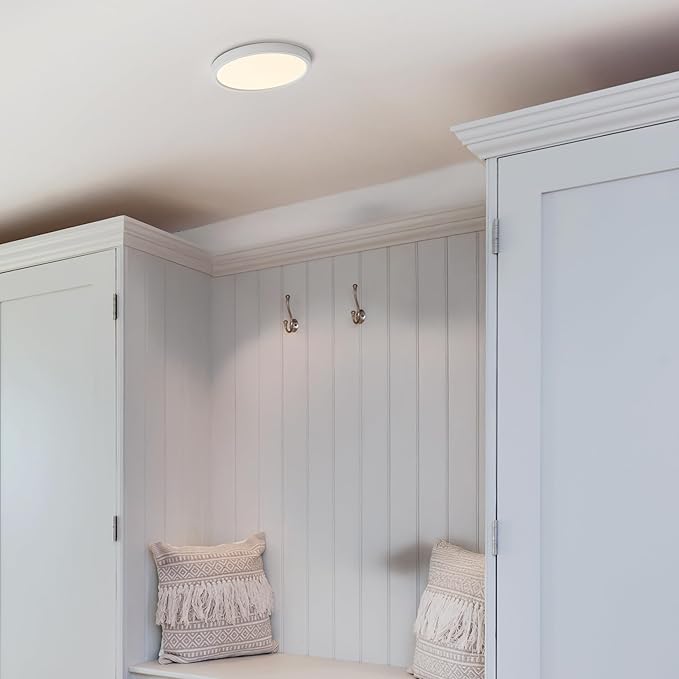 Maxxima 7 in. LED Flush Mount Ceiling Light Fixture - 900 Lumens, 5 CCT 2700K-5000K, Round Color Selectable Panel Light, Dimmable, Recessed Can or J-Box Install, Suitable for Bathroom or Shower