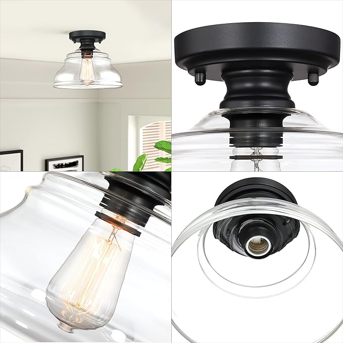 MEXO Industrial Semi Flush Mount Ceiling Light, Modern Clear Glass Light Fixture Farmhouse 10" Close to Ceiling Lights in Black Finish for Hallway Bedroom, Kitchen Entryway Cafe Bar Porch