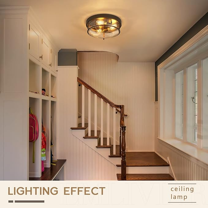 Emliviar 15 Inch Farmhouse Flush Mount Ceiling Light Fixture, Outdoor 3-Light Ceiling Lamp for Porch Kitchen Living Room, Seeded Glass Oil Rubbed Bronze Finish, GE263MF ORB
