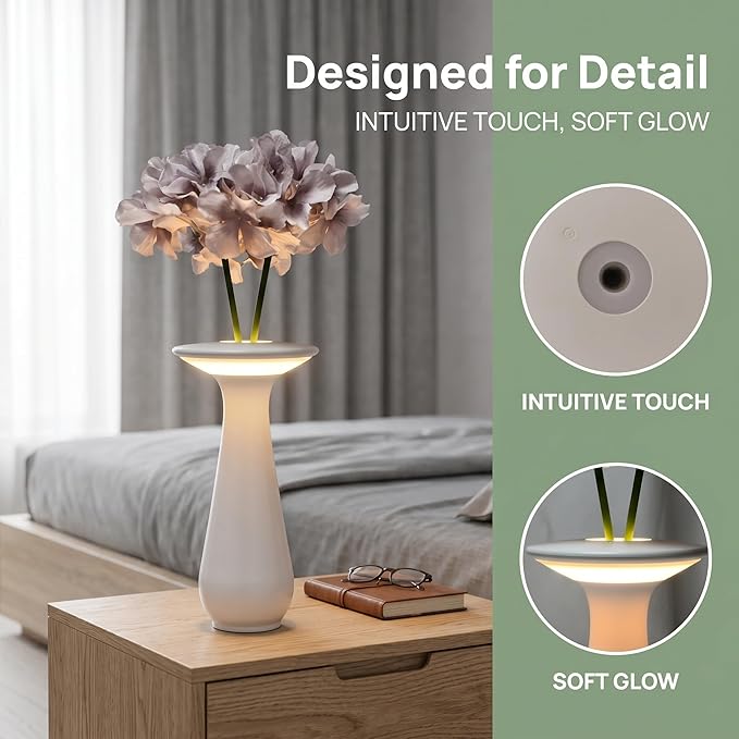 Flower Vase Lamp, Cordless Touch Control Bedside Lamp, Modern Floral Table Lamp for Bedroom Living Room,Gift for Mom, Wife, Grandma,Decorative Nightstand Lamp for Bedroom Decor