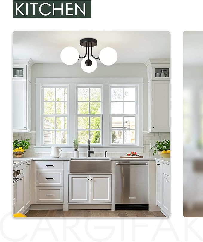 3-Globe Black Flush Mount Ceiling Light in a Modern Farmhouse Design is Ideal for Living Rooms, Bedrooms, or Dining Rooms. Model:CKCL4845-3W-BK，(Bulb Incl)