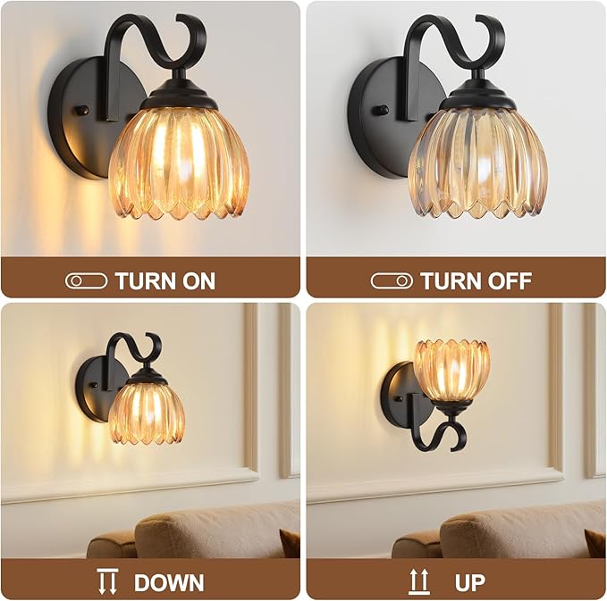 lobolighting Vintage Wall Sconce with Amber Tulip Glass Lampshade Set of Two Black Sconce Bathroom Vanity Light Fixtures Hardwired Modern Wall Lighting Fixture for Bedroom Bedside Door Header