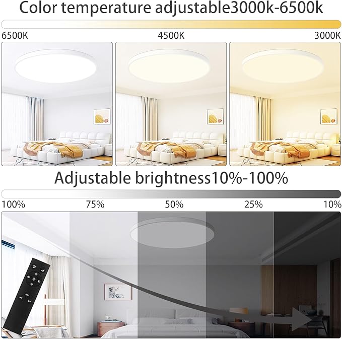 24 Inch Flush Mount Ceiling Light Fixture, Dimmable with Remote, 3000K-6500K Adjustable Color, 48W 4800Lm Ultra Thin Modern Round LED Ceiling Light, White for Bedroom, Kitchen, Living Room