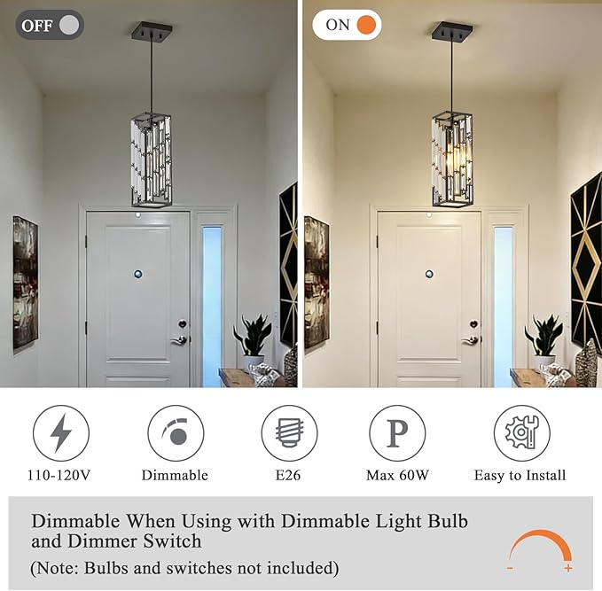 Black Pendant Lights Kitchen Island, Adjustable Modern Pendant Light Fixtures 1 Pack, Mini Crystal Chandeliers for Dining Room Bedroom Foyer Hallway