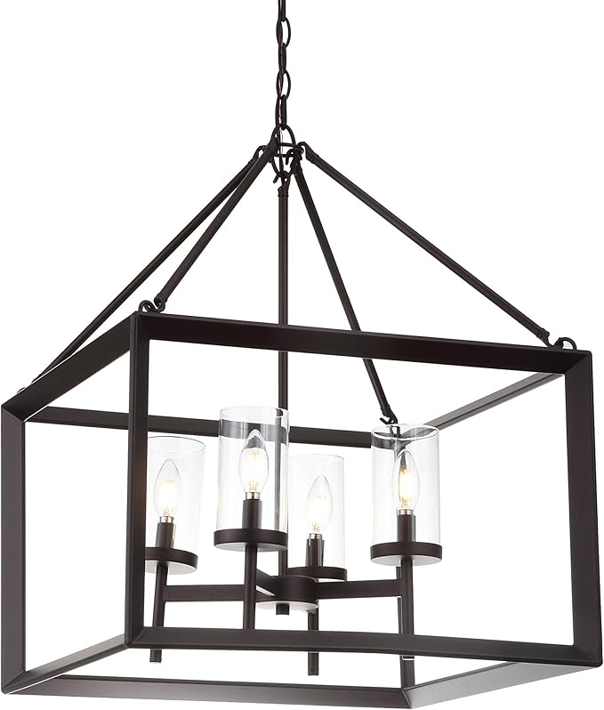 JONATHAN Y 21" Oil Rubbed Bronze/Clear 4-Light Lantern Pendant, LED Ceiling Light for Foyer Kitchen Island Entryway, Traditional Metal Fixture with Clear Glass Shade, ETL Listed (JYL7413A)