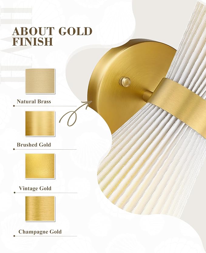 Wall Sconces Set of Two, HWH 14.3 Inch Gold Bathroom Light Fixtures with Milk White Striped Fabric Shade, Modern Wall Light fixtures for Living Room Bedroom, 5HZG97B-2W-2PK BG-FB