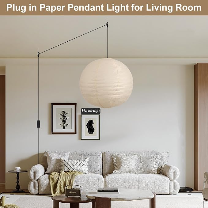 Paper Lantern Lamp Plug in Hanging Lamp 23.6in Off-White Rice Paper Pendant Light with 19.7FT Cord Large Globe Japanese Japandi Wabi Sabi Chandelier for Dining Living Room Bedroom 1 Pack