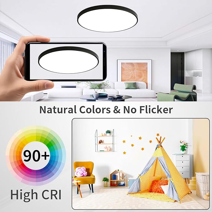 20 Inch Flush Mount Ceiling Light Fixture, Dimmable with Remote, 3000K-6500K Adjustable Color, 36W 3600Lm Ultra Thin Modern Round LED Ceiling Light, Black for Bedroom, Kitchen, Living Room