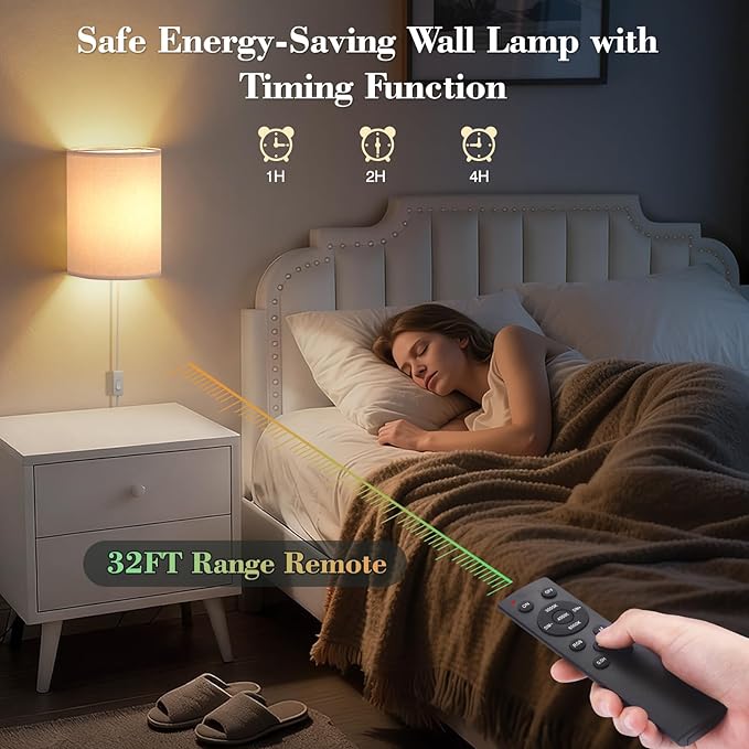 Plug in Wall Sconces Set of Two: Wall Lights with 7 RGB Colors - 3 Color Temperature Wall Mount Lamps with Remote - Fabric Linen Wall Sconc for Bedroom Living Room & Hallway- Indoor Corded Wall Sconce