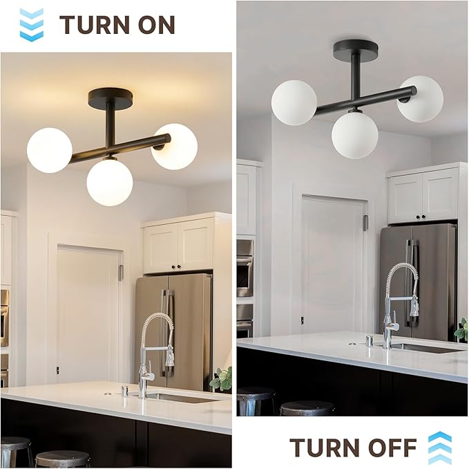 Globe Milk Glass Ceiling Light: Black 3 Lights Sputnik Chandelier - Linear Mid Century Modern Semi Flush Mount Ceiling Light - 13 Inch Brass Lighting Fixture with Sphere Shade for Bedroom Living Room