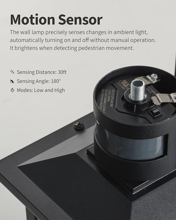 KDG Outdoor Motion Sensor Patio Wall Light Fixtures Set of 2, Black E26 Socket Waterproof Lanterns with Tempered Glass, Modern Wall Mounted Lamps Suitable for Home, Front Door, Garage, Porch