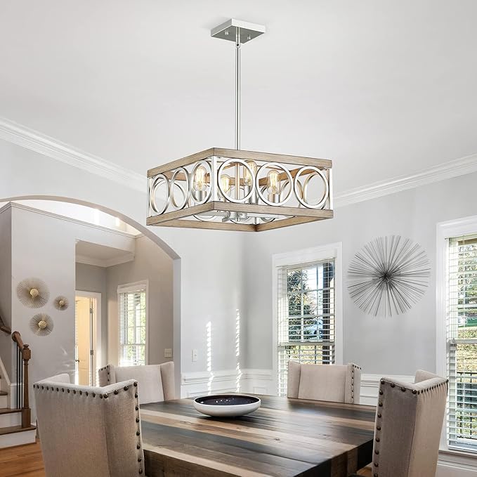 XINGQI Modern Chandelier Square 4-Light, Farmhouse Pendant Lighting Fixture for Dining Room Living Room Bedroom Kitchen Island,Antique Wood Grain+Brushed Nickel Metal Ceiling Lamp