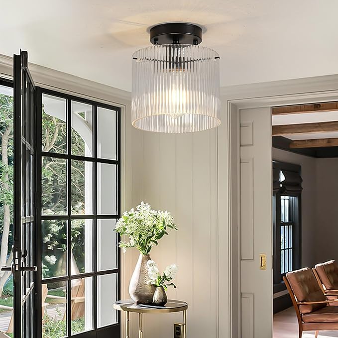 Modern Semi Flush Mount Ceiling Light, Industrial Clear Glass Ceiling Light, Crystal Ceiling Lamp, Farmhouse Hallway Light Fixtures for Entryway Kitchen Dining Room, Black