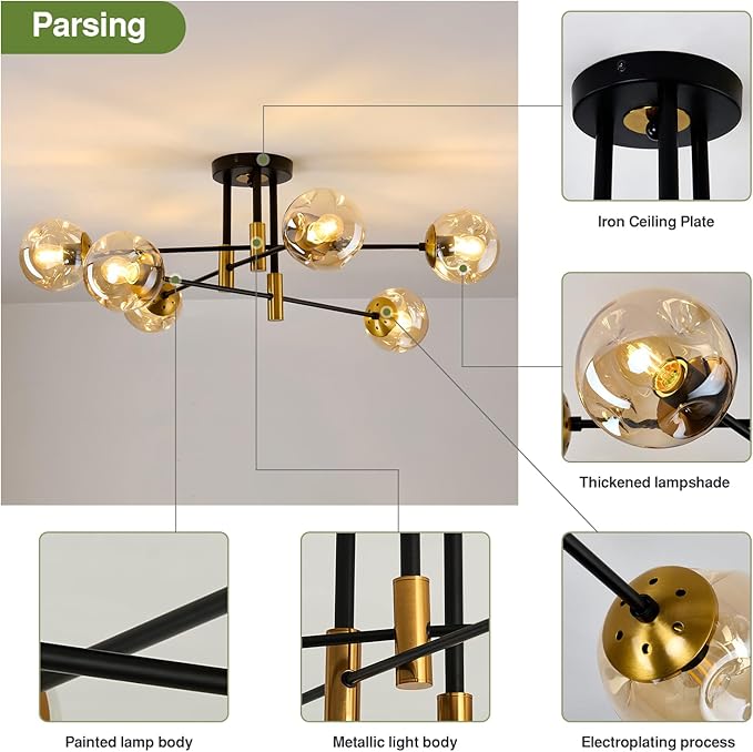 SZXYKEJI 6-Lights Sputnik Ceiling Light Fixture Mid Century Modern Glass Globe Flush Mount Chandelier Black and Gold Farmhouse Lighting for Living Room Dining Room Bedroom Kitchen