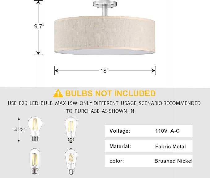 4 Light 18 Inch Semi Flush Mount Close to Ceiling Light Fixture,Off White Fabric Shade Brushed Nickel Finish for Bedroom,Living Room,Dining Room Hallway