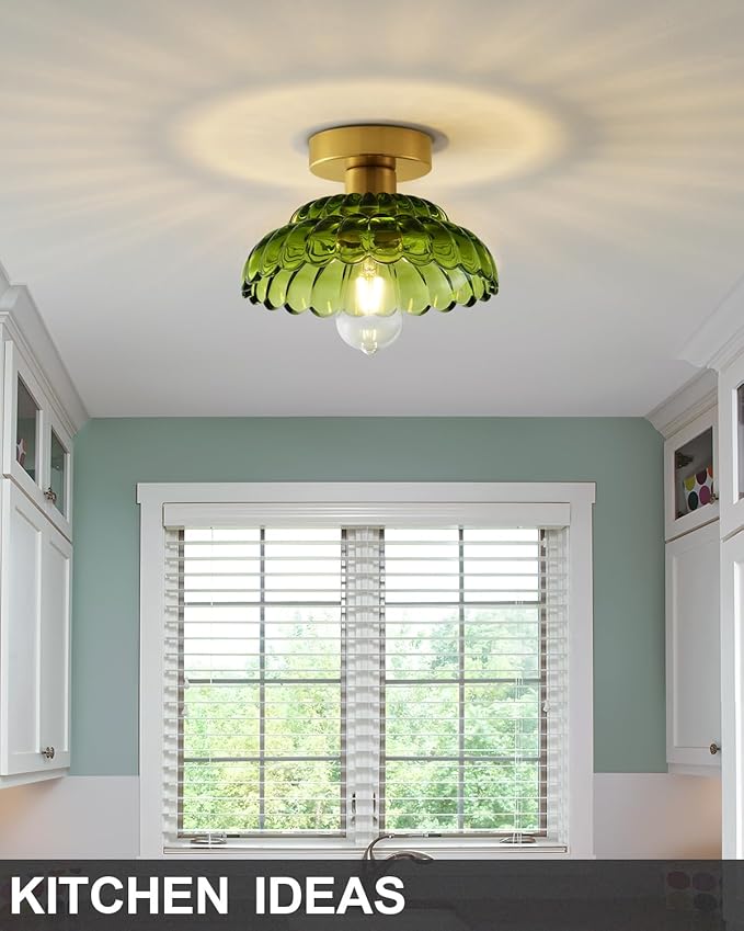 ANYLOVE 10 Inch Green Vintage Glass Semi Flush Mount Ceiling Light, E26 Socket for Bedroom Kitchen Hallway Foyer