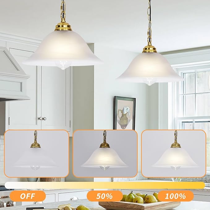 Plug in Pendant Light Alabaster Glass Shade Hanging Lamp with On/Off Switch,16.4Ft Cord & 14.7Ft Chain Dimmable Brass Swag Light Fixture for Kitchen Sink Bar Nook Farmhouse