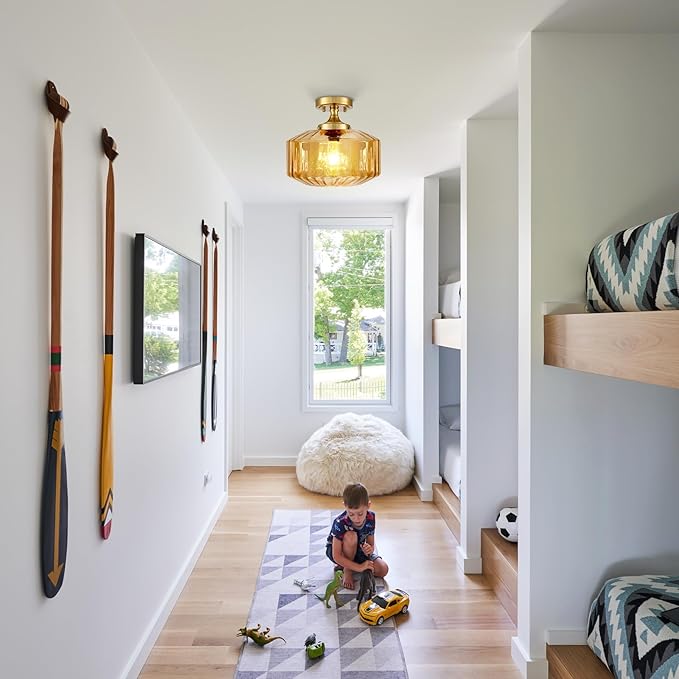 2 Pack Flush Mount Light Fixture Glass Globe Ceiling Light Amber Striped Glass Shade Gold Indoor Semi Flush Mount Chandelier Ceiling Light for Hallway, Kitchen, Entryway, Bedroom