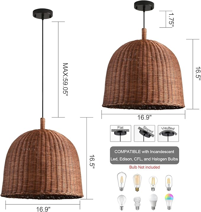 17" Farmhouse Rattan Chandelier 3-Lights Boho Wicker Pendant Lights Hand Woven Bamboo Dining Room Light Coastal Hanging Lighting Fixture for Living Room Kitchen Island Bedroom eRestaurant Foyer