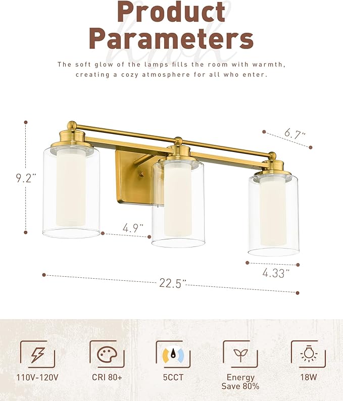 3-Light Bathroom Vanity Light, HWH Brushed Gold Bathroom Light Fixtures Antique Brass Vanity Light with Clear Glass,18W Dimmable LED Vanity Lights 5CCT, 5HLT63B-3W-LED BG