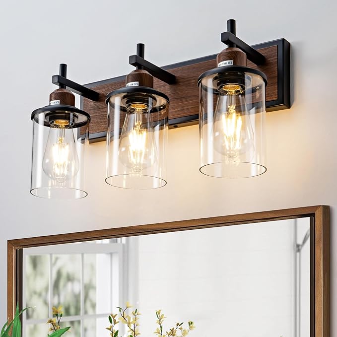 Lanhall 3-Light Farmhouse Bathroom Light Fixtures Vintage Vanity Lights Over Mirror Black and Wood Painted Metal Vanity Light with Glass Shades E26 Socket