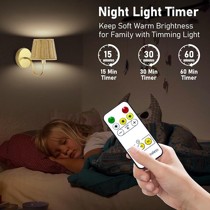 Battery Operated Wall Sconce Set of 2, Rechargeable Wireless Rattan Wall Sconces with Dimmable Detachable Magnetic Bulbs and Remote, 3 Colors Wall Lights for Bedroom Living Room Hallway