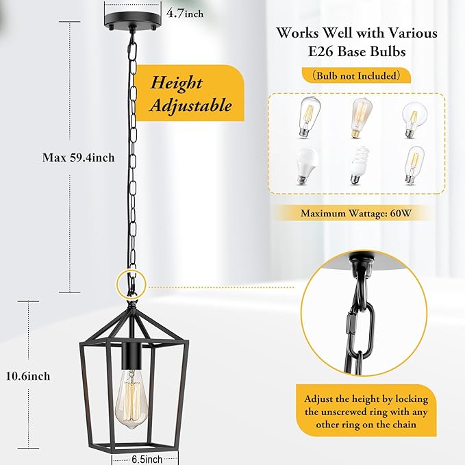Farmhouse Black Pendant Light for Kitchen Island Industrial Hanging Lantern Fixture Modern Metal Cage Lamp Chandelier Lighting for Dinning Room Hallway, 49in Adjustable Chain for Flat & Sloped Ceiling