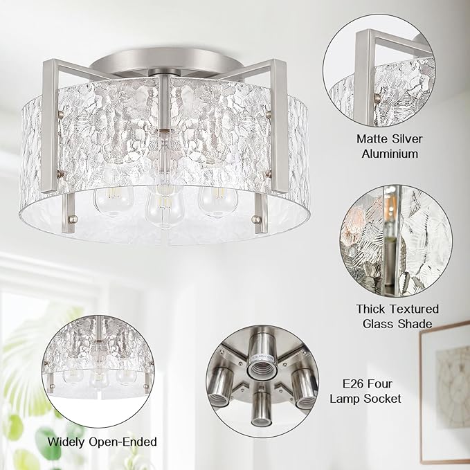 4-Light Modern Semi Flush Mount Ceiling Light Silver, 16'' Entryway Light Fixture, Glass Ceiling Mount with Hammer Glass for Passage Aisle Kitchen Island Dining Room Living Room Lighting Fixtures