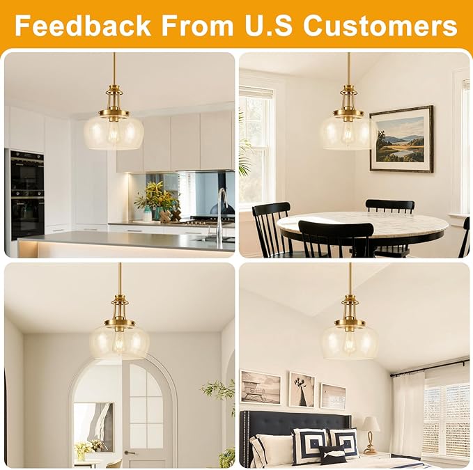 Modern Pendant Lights Kitchen Island, Brushed Gold Pendant Light Fixtures with 10" Clear Glass Shade, Industrial Hanging Pendant Lights Fixture for Kitchen Island Dining Room Bedroom Foyer Entryway