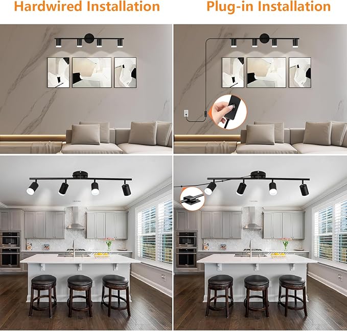 Plug in Track Lighting Kit, 80cm LED 4 Light Kitchen Track Lighting, Corded Wall Light with 16.4ft Cord, 4 Way Ceiling Spot Lighting Flexibly Rotatable Head Includes 4xGU10 Bulb (4 Black-Acrylic-80cm)