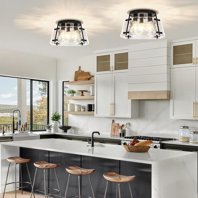 Modern Black Semi Flush Mount Ceiling Light 3-Light Hammered Glass Kitchen Lighting Fixtures Ceiling Hallway Lights Flush Mount Chandelier for Entryway Dining Room Bathroom Bedroom Foyer Lighting