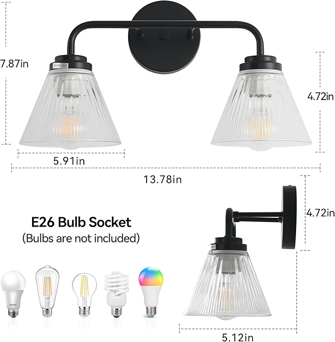 Modern Black Bathroom Vanity Light, 2-Light Wall Sconce with Clear Ribbed Glass Shades, Farmhouse Industrial Light Fixture for Bathroom, Vanity Mirror, Powder Room, Hallway (black, Powder Coated, 2)