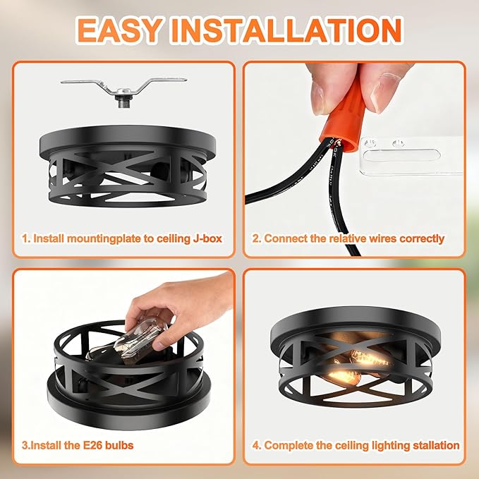 Flush Mount Ceiling Light Fixture - 2 Light Modern Farmhouse Close to Ceiling Light Fixtures 10.63inch for Hallway, Kitchen, Entryway, Bedroom, E26 Socket