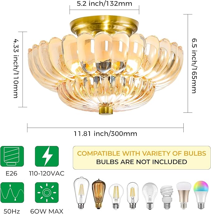 Semi Flush Mount Ceiling Light Fixture Vinatge Gold Ceiling Lights Mid Century Modern Glass Close to Ceiling Lighting Fixtures for Bedroom Hallway Foyer Bathroom Kitchen Laundry Room Nursery