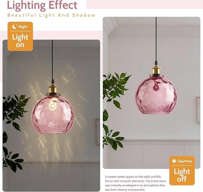 Pink Hanging Light Plug in 2 Pack, Hammered Glass Globe Hanging Ceiling Lamp Plug in, Mid Century Modern Pendant Lighting with Cord for Kitchen Island Sink Dining Room Girls Bedroom
