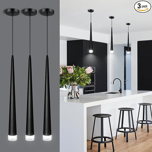 OKELI Black LED Pendant Light, Modern Conical Dimmable Pendant Lights, Minimalist Pendant Lighting for Kitchen Island, Dining Room, Bedroom, Bar,5w,4000k,3 Pack